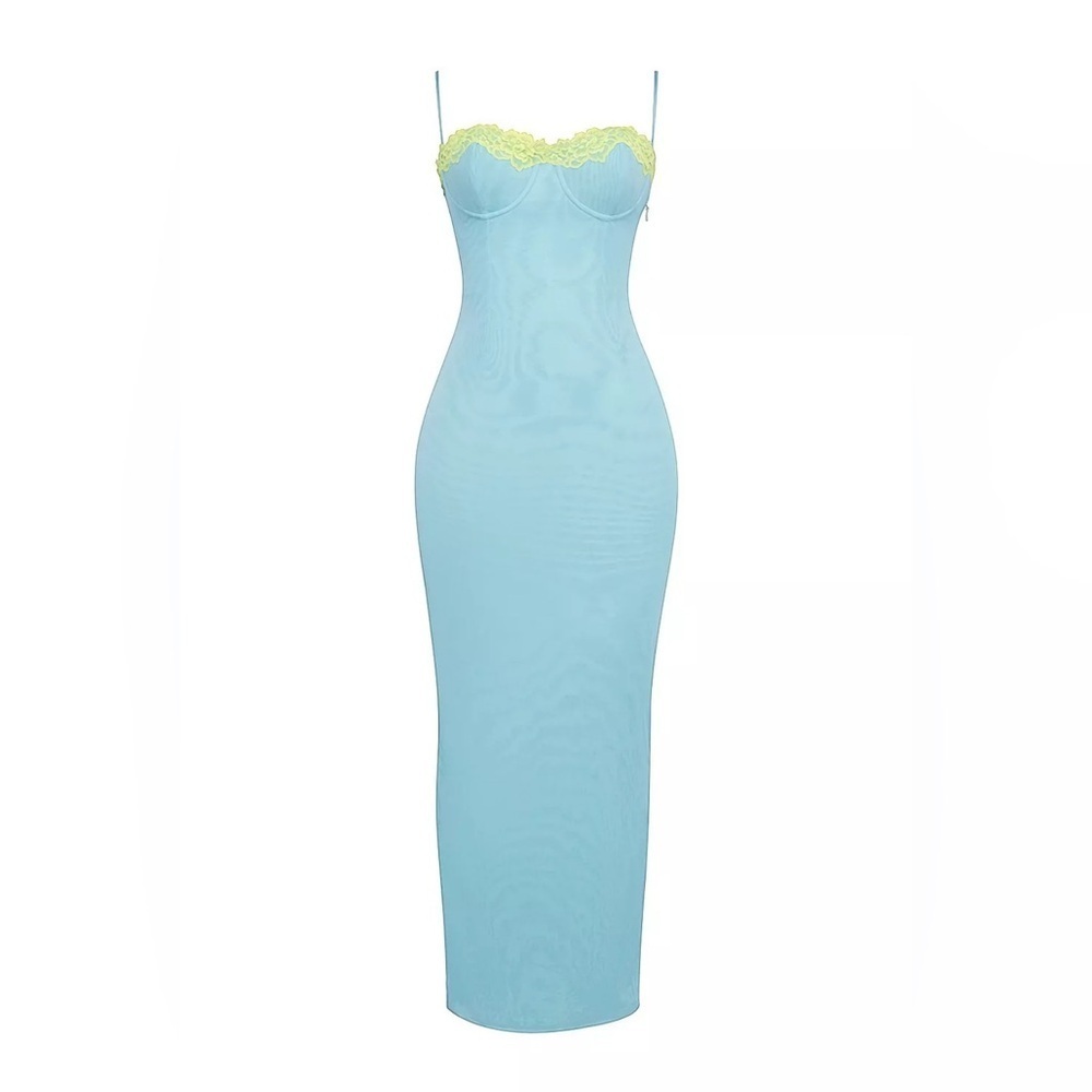 HOUSE OF CB 'Aiza' Ocean Blue Contrast Lace Maxi Dress - Picture 3 of 4